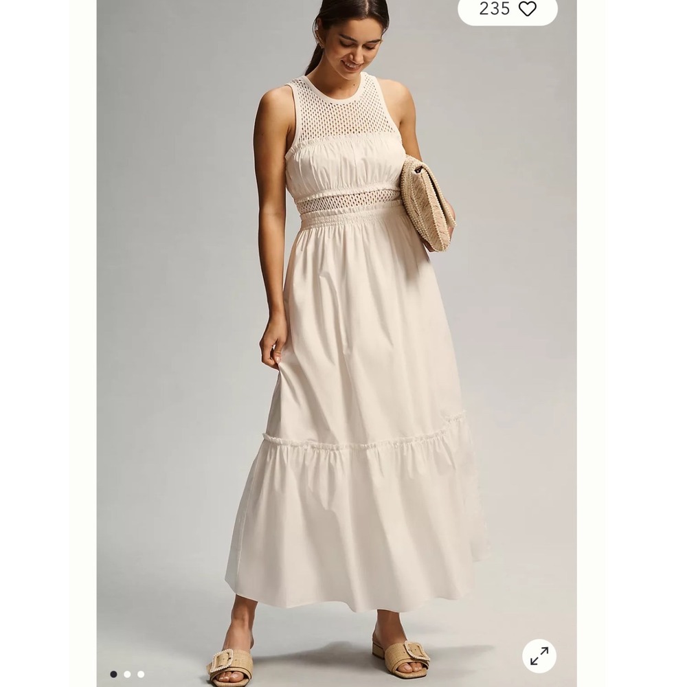 Mare Mare x Anthropologie Smocked Tiered White Crochet Cotton Maxi Dress Size M